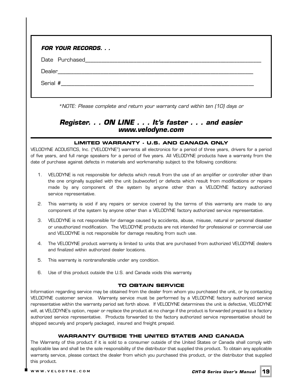 Velodyne Acoustics CHT- 8Q User Manual | Page 22 / 23