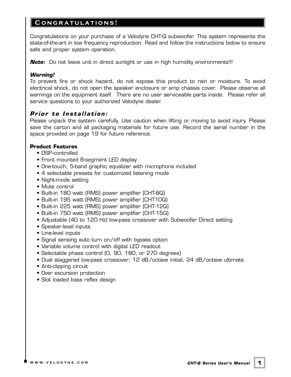 Velodyne Acoustics CHT- 8Q User Manual | Page 4 / 23