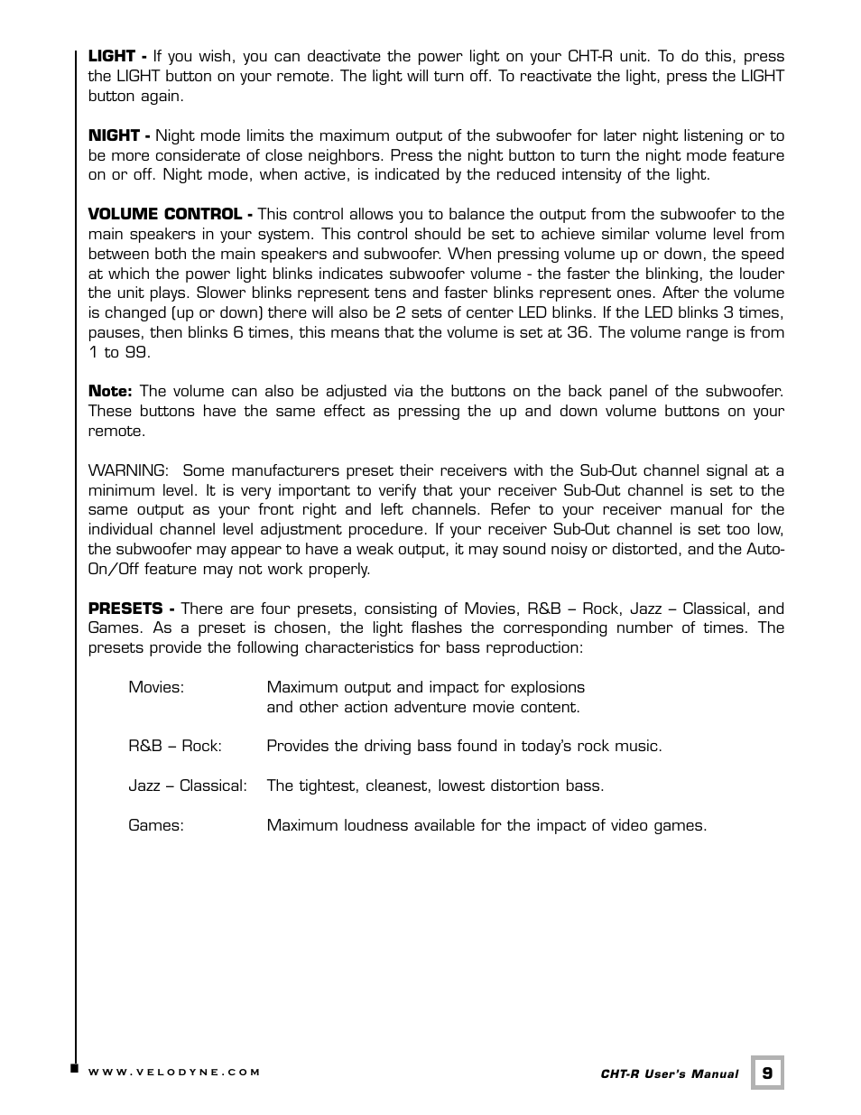 Velodyne Acoustics CHT-10R User Manual | Page 12 / 19