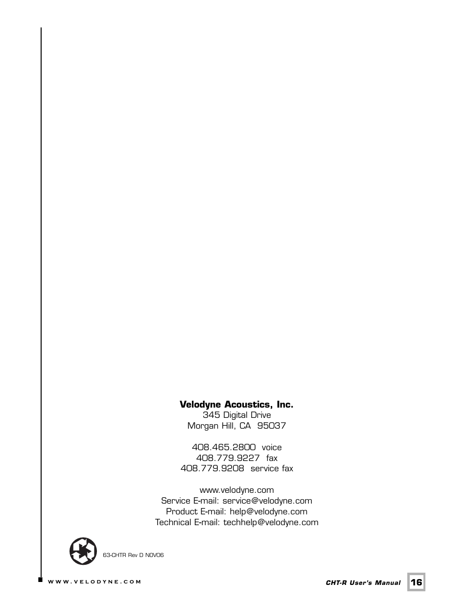 Velodyne Acoustics CHT-10R User Manual | Page 19 / 19
