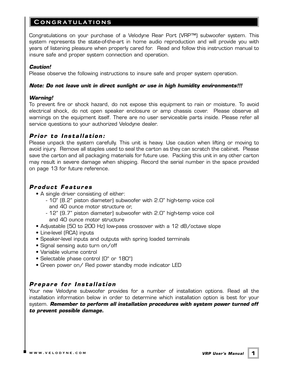 Velodyne Acoustics VRP Series User Manual | Page 4 / 17