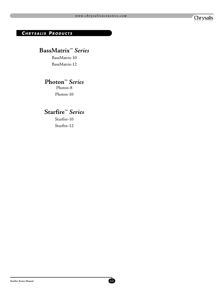 Bassmatrix ™ series, Photon ™ series, Starfire ™ series | Velodyne Acoustics STARFIRE-10 User Manual | Page 15 / 17