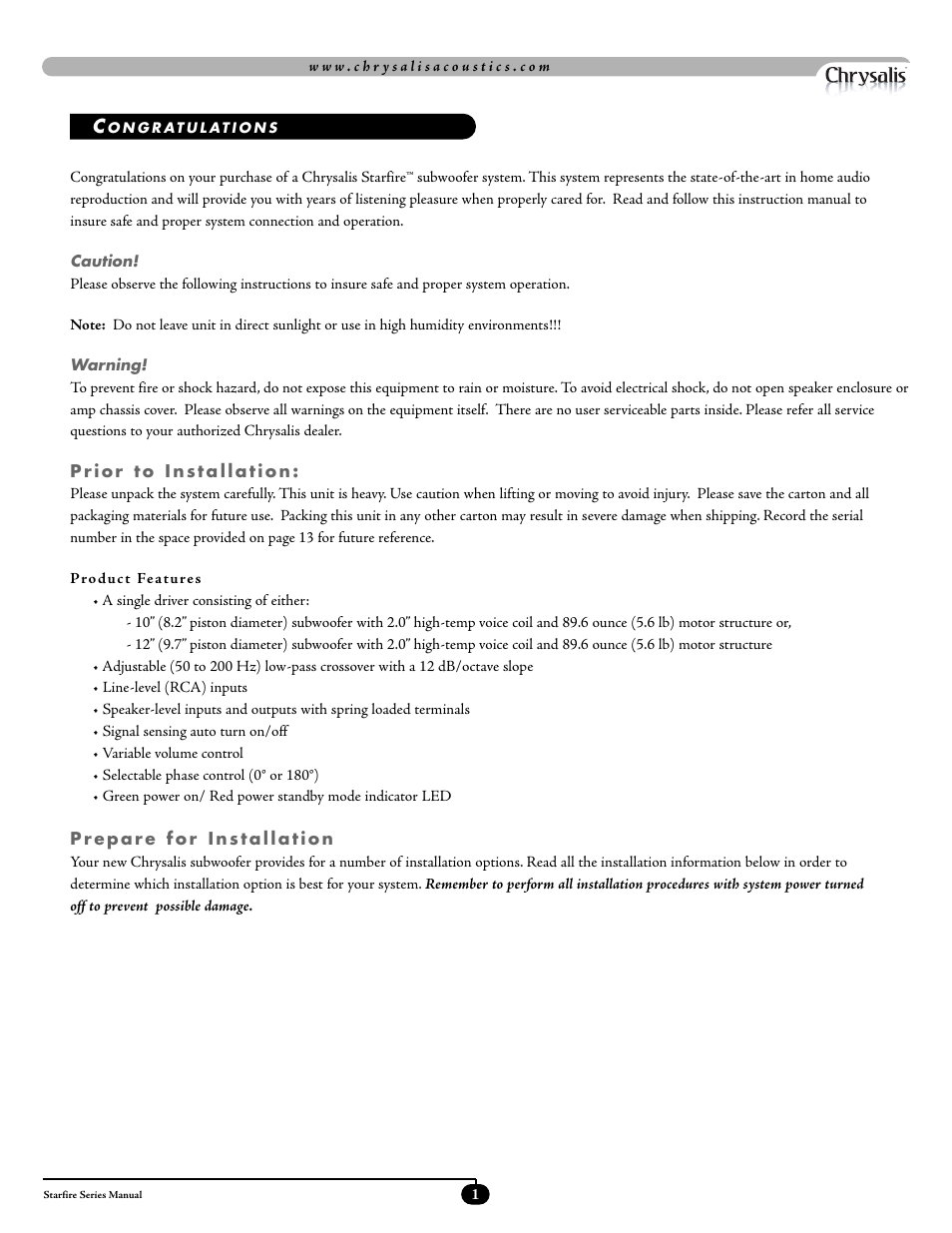 Velodyne Acoustics STARFIRE-10 User Manual | Page 4 / 17