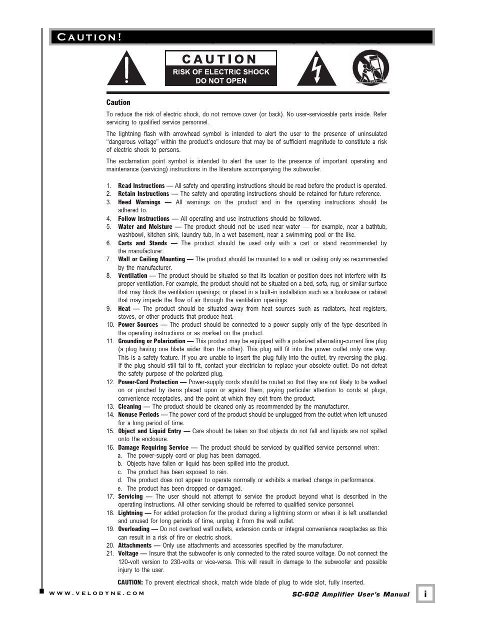 Important safety instructions, Caution | Velodyne Acoustics SC-602 User Manual | Page 2 / 25