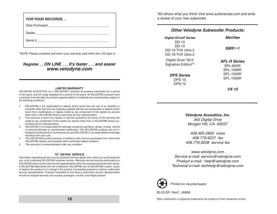 Velodyne Acoustics DLS-3500R User Manual | Page 9 / 9