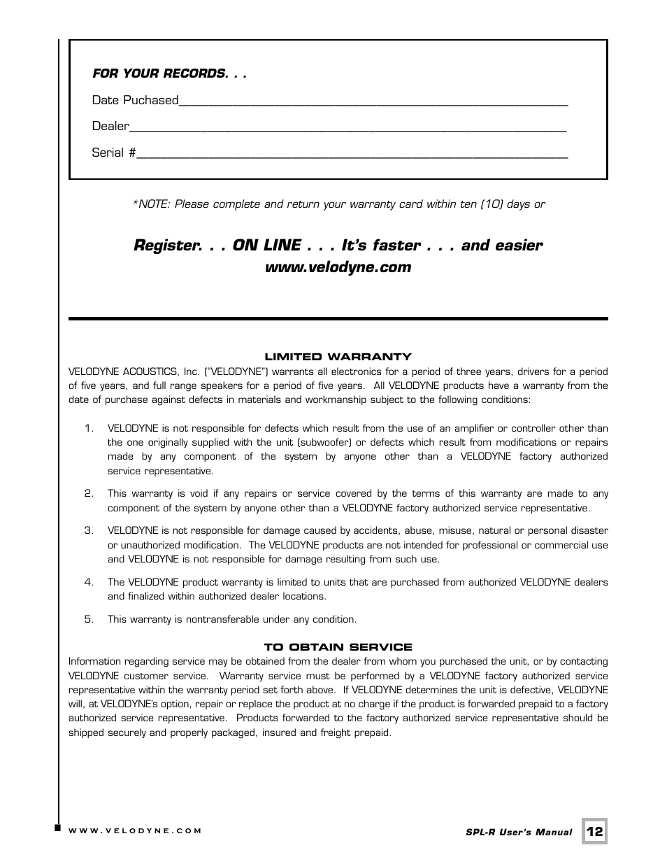 Velodyne Acoustics Velodyne SPL-R Series SPL-1500R User Manual | Page 15 / 17