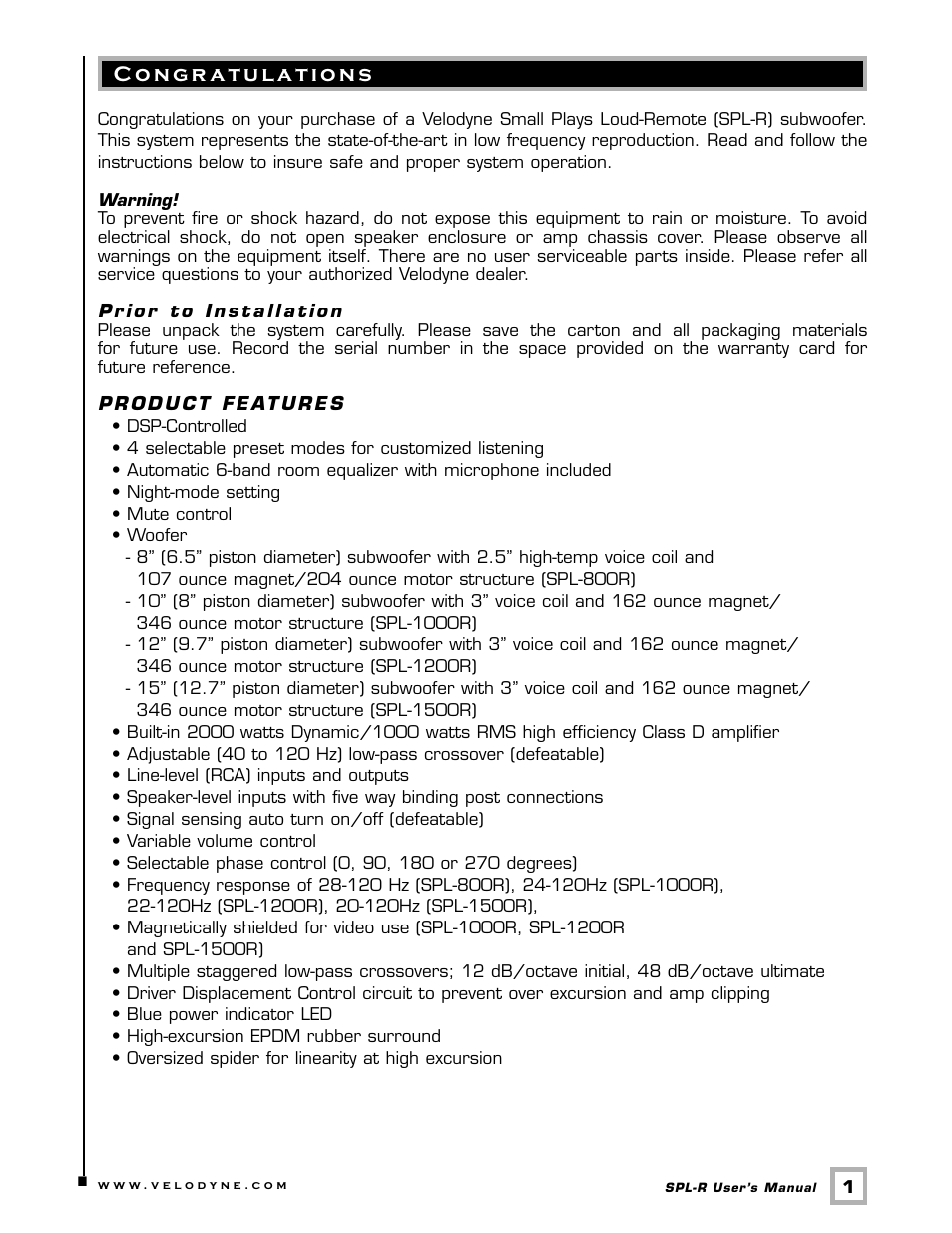 Velodyne Acoustics Velodyne SPL-R Series SPL-1500R User Manual | Page 4 / 17