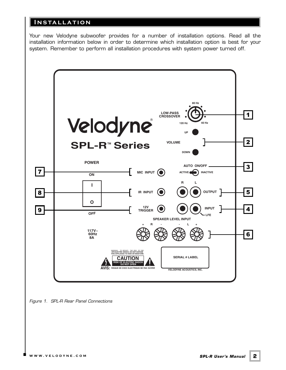 Spl-r series, Ins tallation, Re ar panel connections | Velodyne Acoustics Velodyne SPL-R Series SPL-1500R User Manual | Page 5 / 17