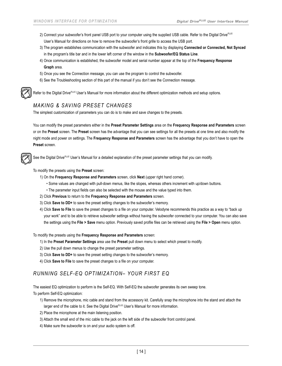 Making & saving preset changes, Running self-eq optimization– your first eq | Velodyne Acoustics DIGITAL DRIVEPLUS DD-18+ User Manual | Page 16 / 40