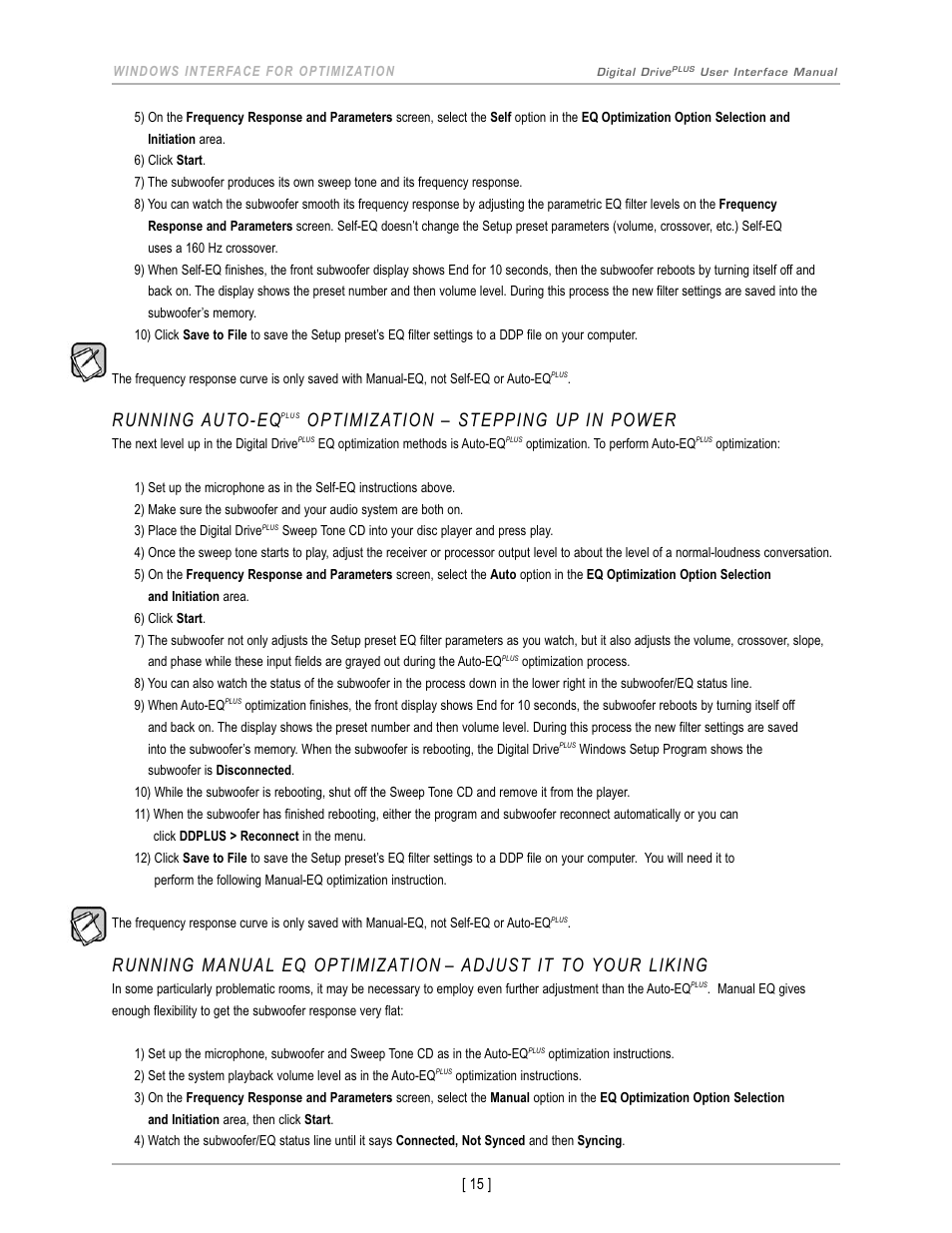 Running auto-eq, Optimization – stepping up in power | Velodyne Acoustics DIGITAL DRIVEPLUS DD-18+ User Manual | Page 17 / 40