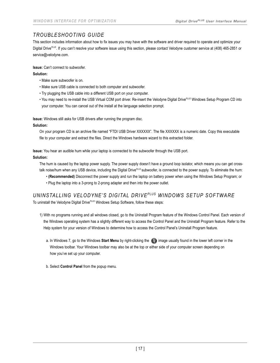 Troubleshooting guide, Uninstalling velodyne’s digital drive, Windows setup software | Velodyne Acoustics DIGITAL DRIVEPLUS DD-18+ User Manual | Page 19 / 40