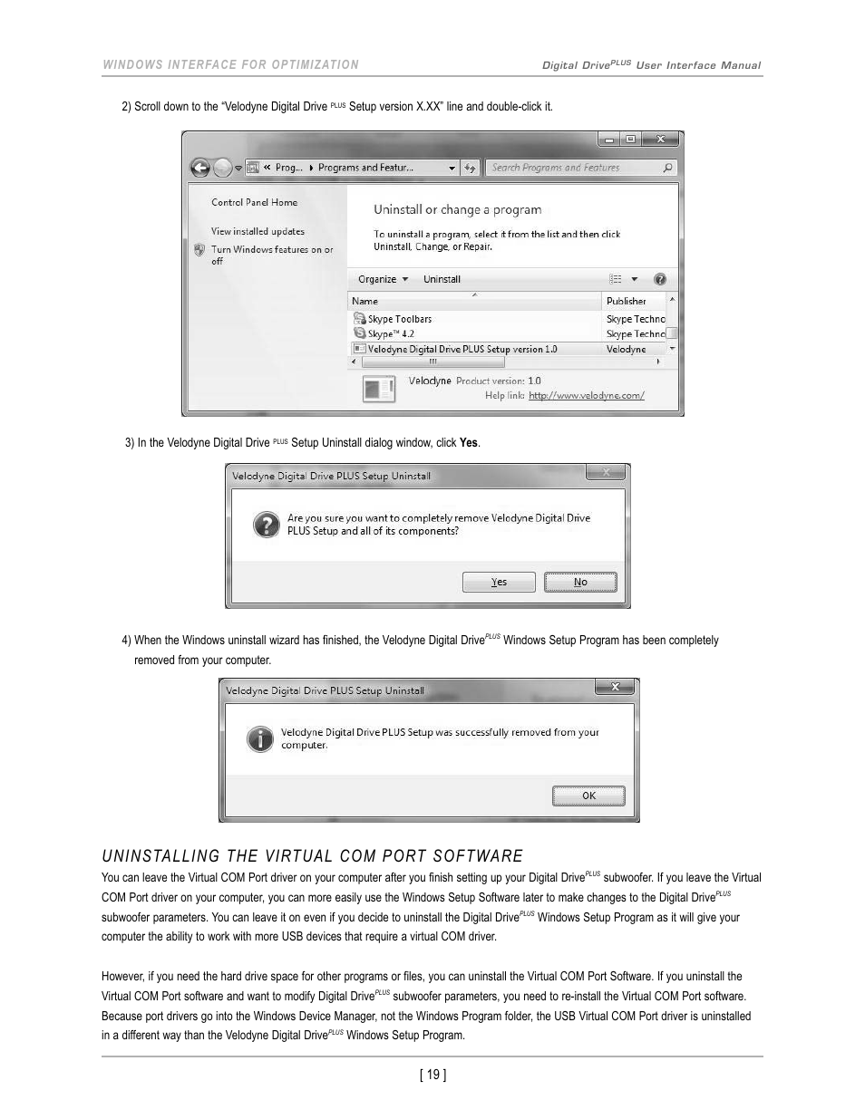 Uninstalling the virtual com port software | Velodyne Acoustics DIGITAL DRIVEPLUS DD-18+ User Manual | Page 21 / 40