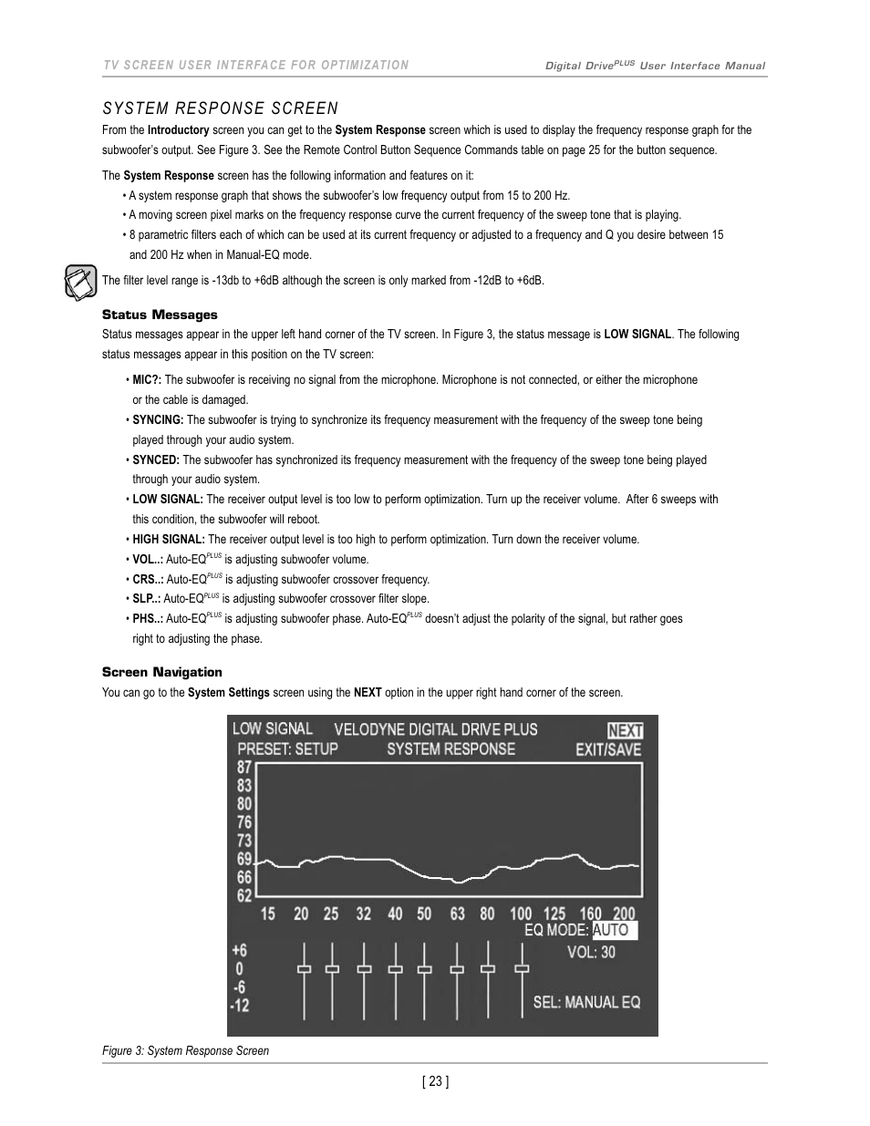 System response screen | Velodyne Acoustics DIGITAL DRIVEPLUS DD-18+ User Manual | Page 25 / 40