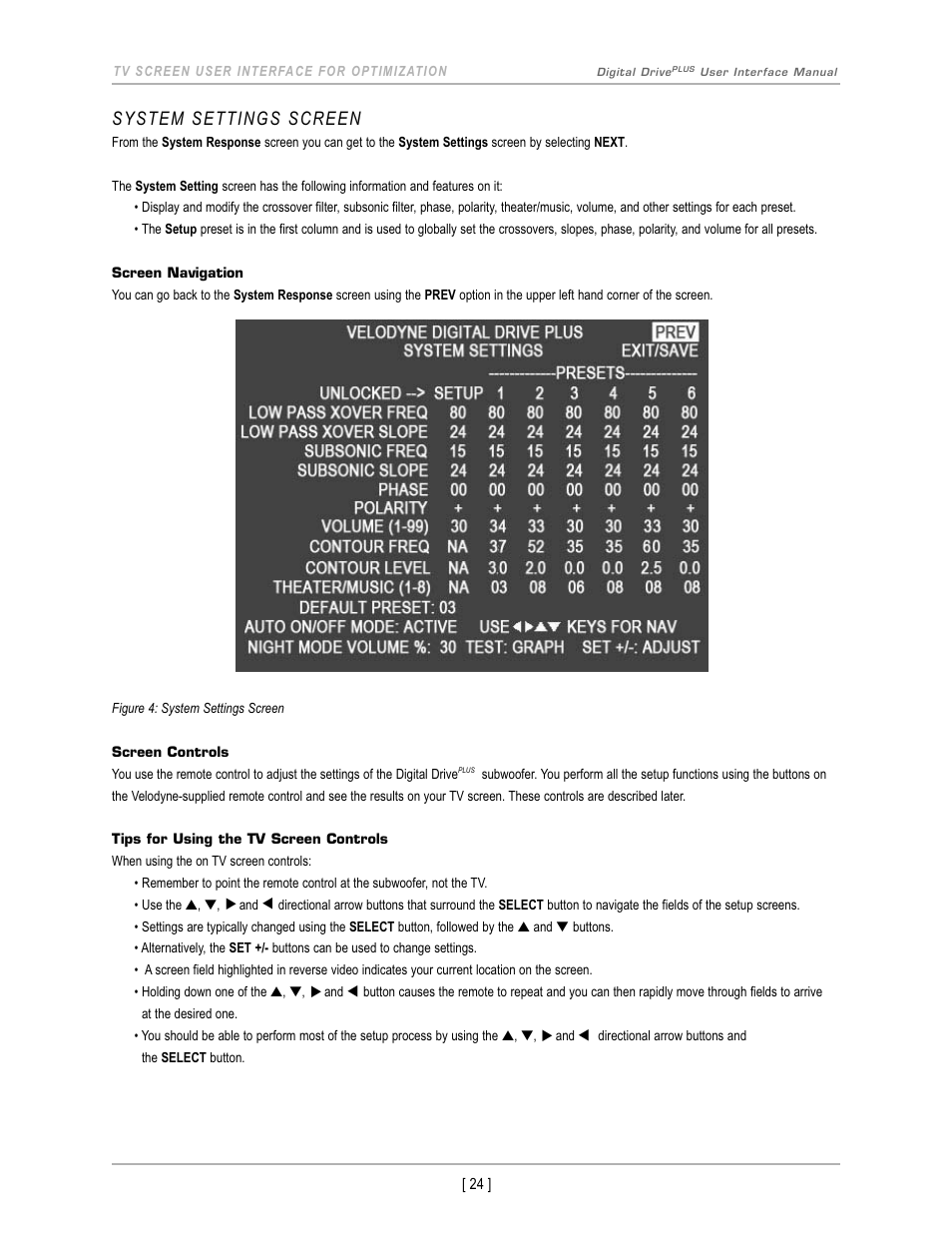 System settings screen | Velodyne Acoustics DIGITAL DRIVEPLUS DD-18+ User Manual | Page 26 / 40