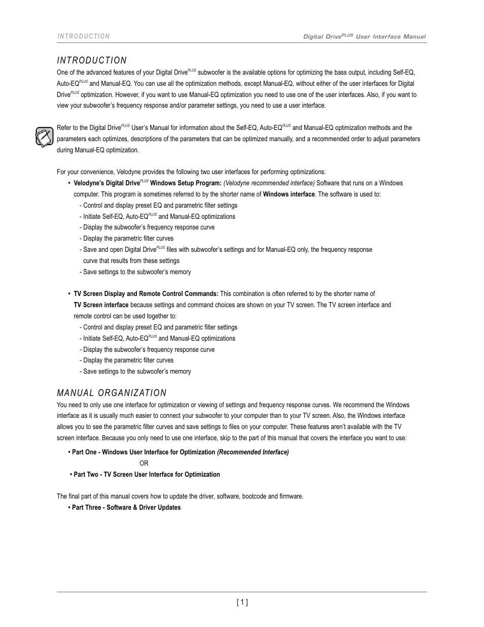 Introduction, Manual organization | Velodyne Acoustics DIGITAL DRIVEPLUS DD-18+ User Manual | Page 3 / 40