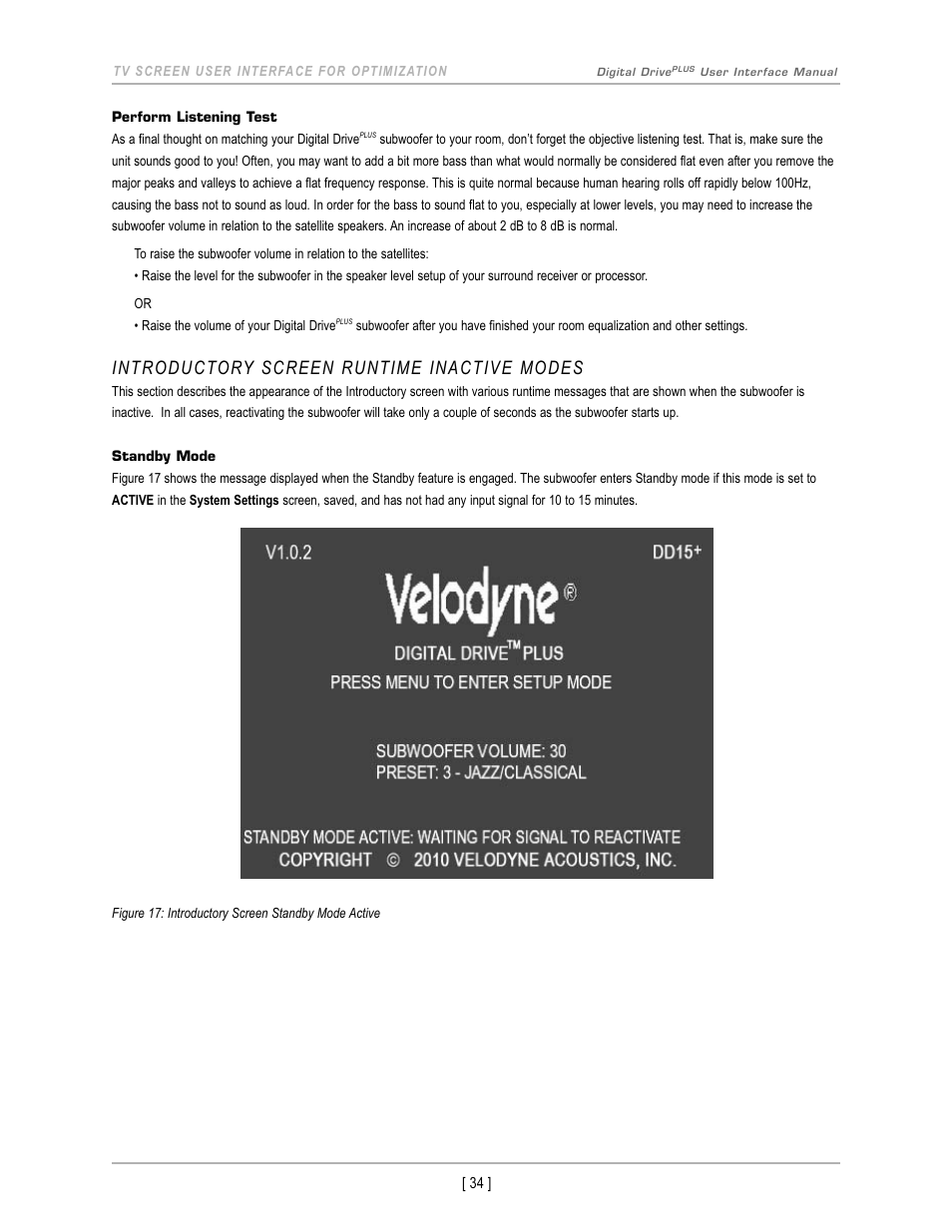 Introductory screen runtime inactive modes | Velodyne Acoustics DIGITAL DRIVEPLUS DD-18+ User Manual | Page 36 / 40