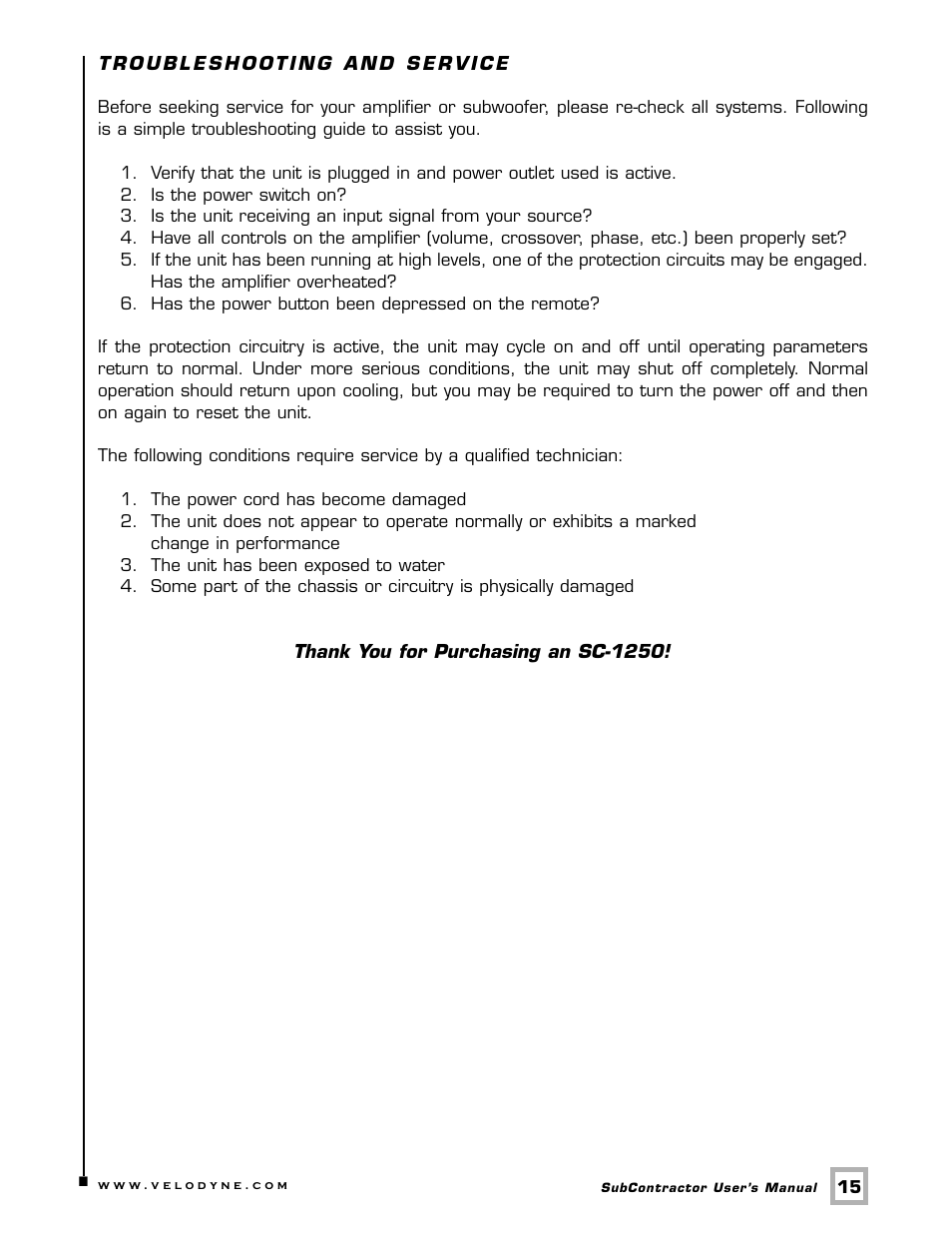 Velodyne Acoustics SC-1250. User Manual | Page 21 / 26