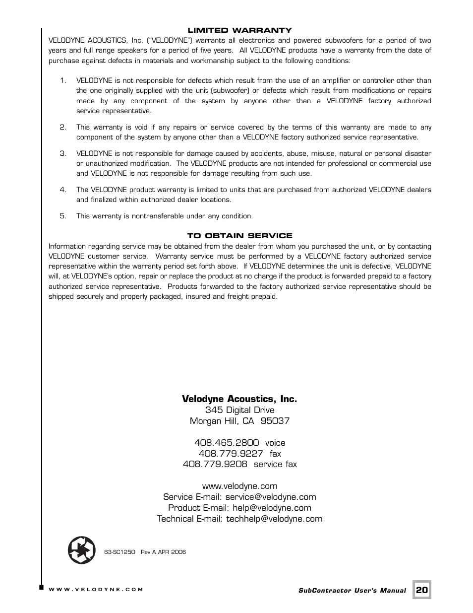 Velodyne Acoustics SC-1250. User Manual | Page 26 / 26