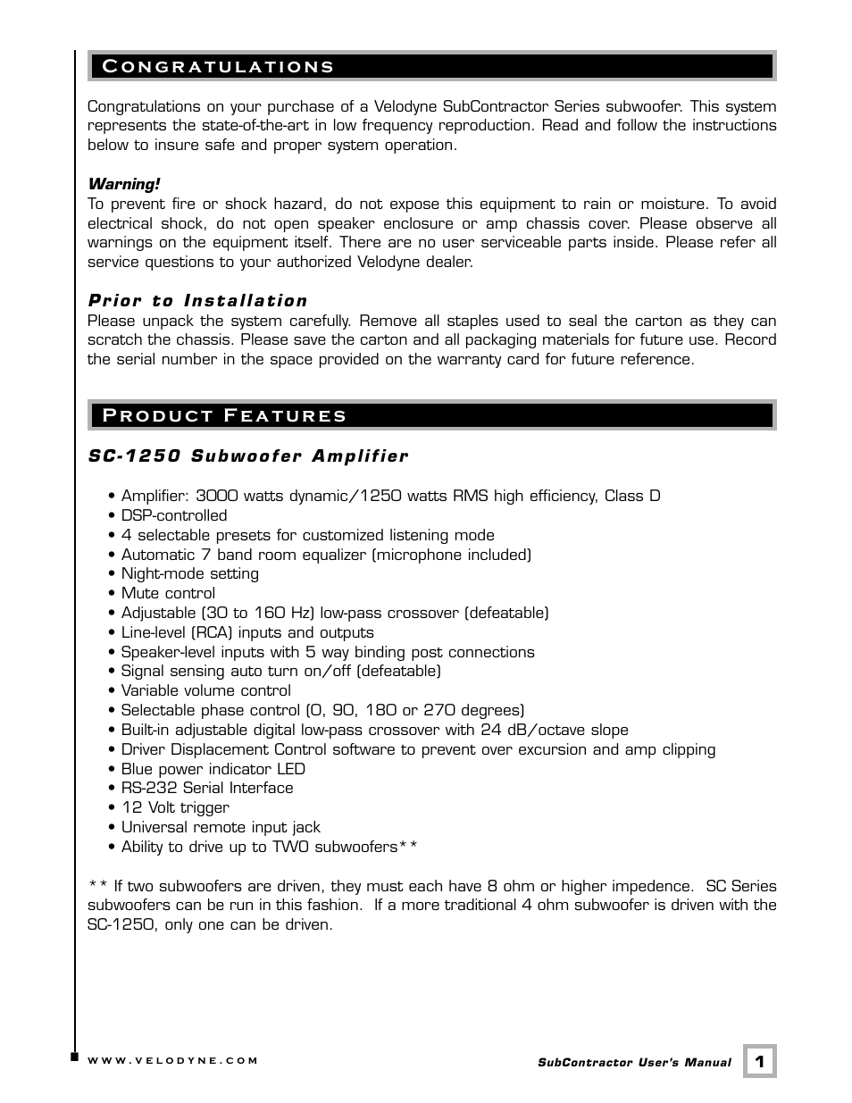 Velodyne Acoustics SC-1250. User Manual | Page 7 / 26