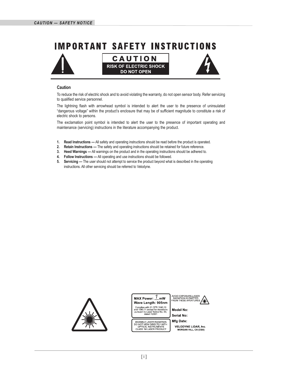 Caution, Caution — safety notice | Velodyne Acoustics HDL-64E S2 User Manual | Page 3 / 43