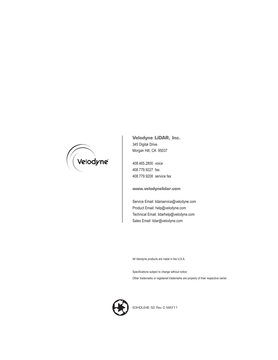 Velodyne Acoustics HDL-64E S2 User Manual | Page 43 / 43