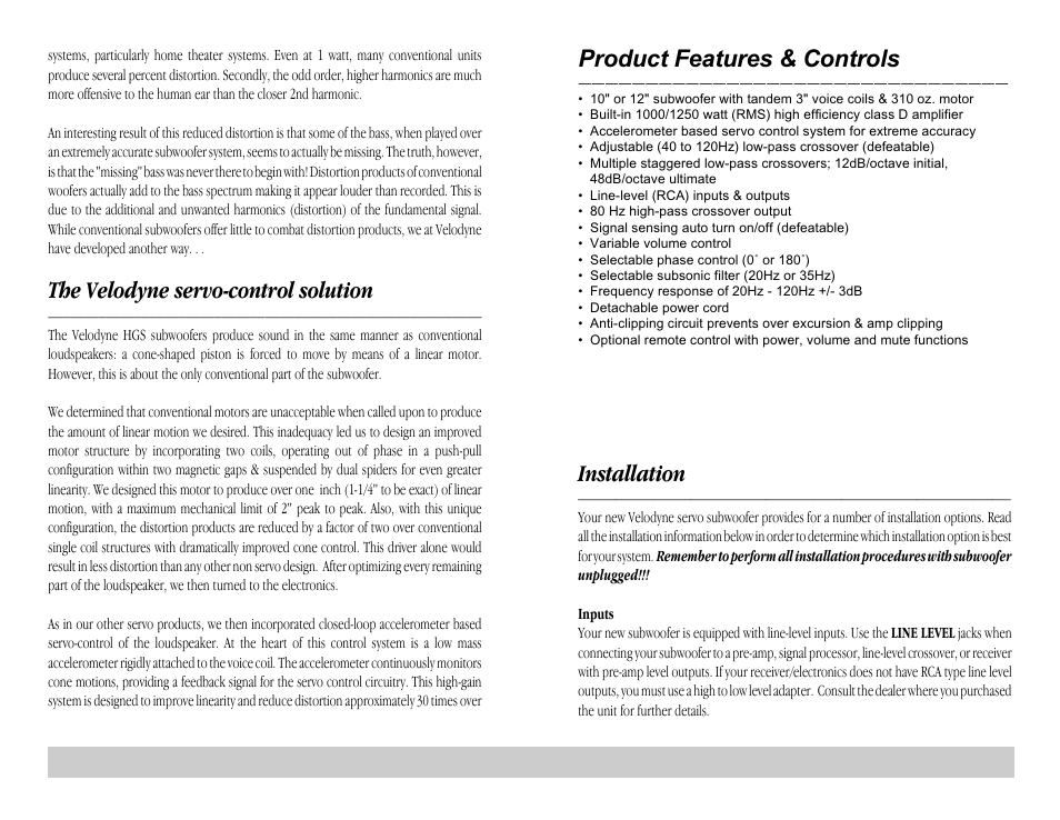 Installation, Product features & controls, The velodyne servo-control solution | Velodyne Acoustics HGS 10 User Manual | Page 7 / 10