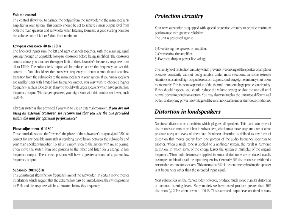 Protection circuitry, Distortion in loudspeakers | Velodyne Acoustics HGS 10 User Manual | Page 8 / 10