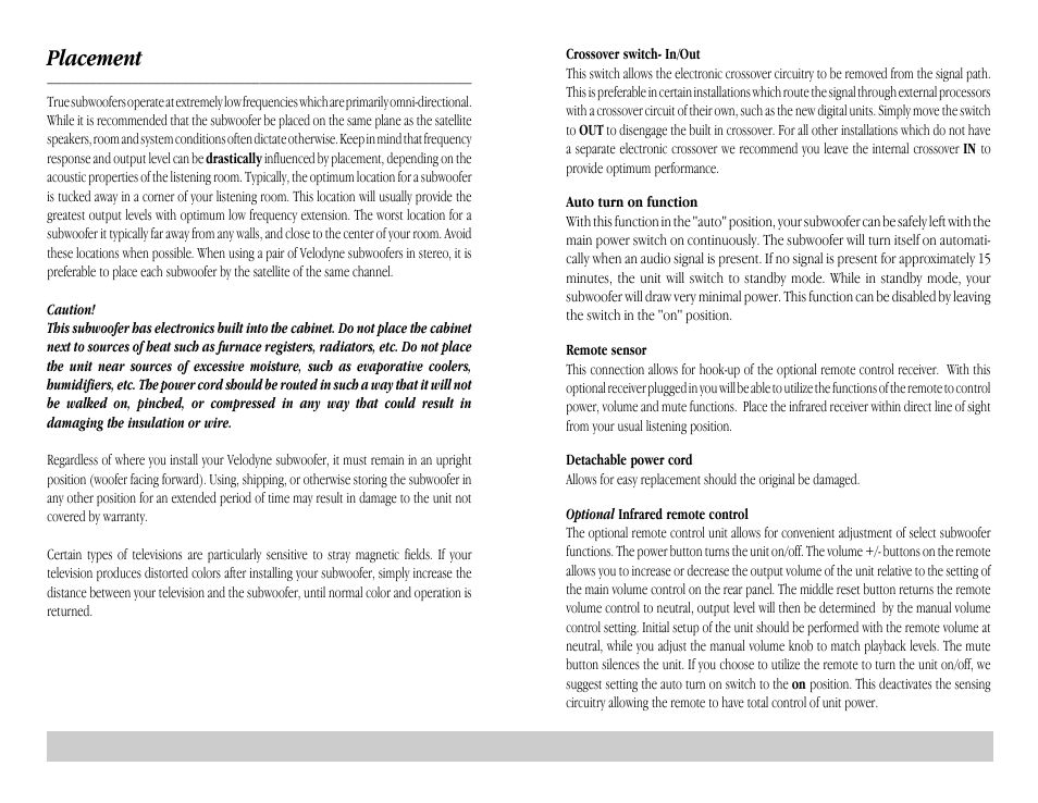 Placement | Velodyne Acoustics HGS 10 User Manual | Page 9 / 10