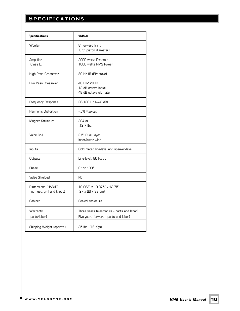 Specifications | Velodyne Acoustics SUBWOOFER VMS-8 User Manual | Page 13 / 16