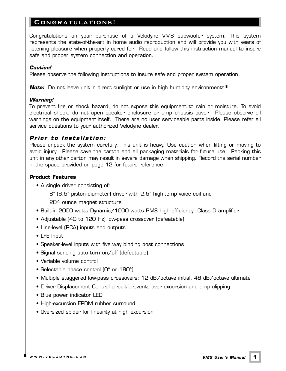 Velodyne Acoustics SUBWOOFER VMS-8 User Manual | Page 4 / 16