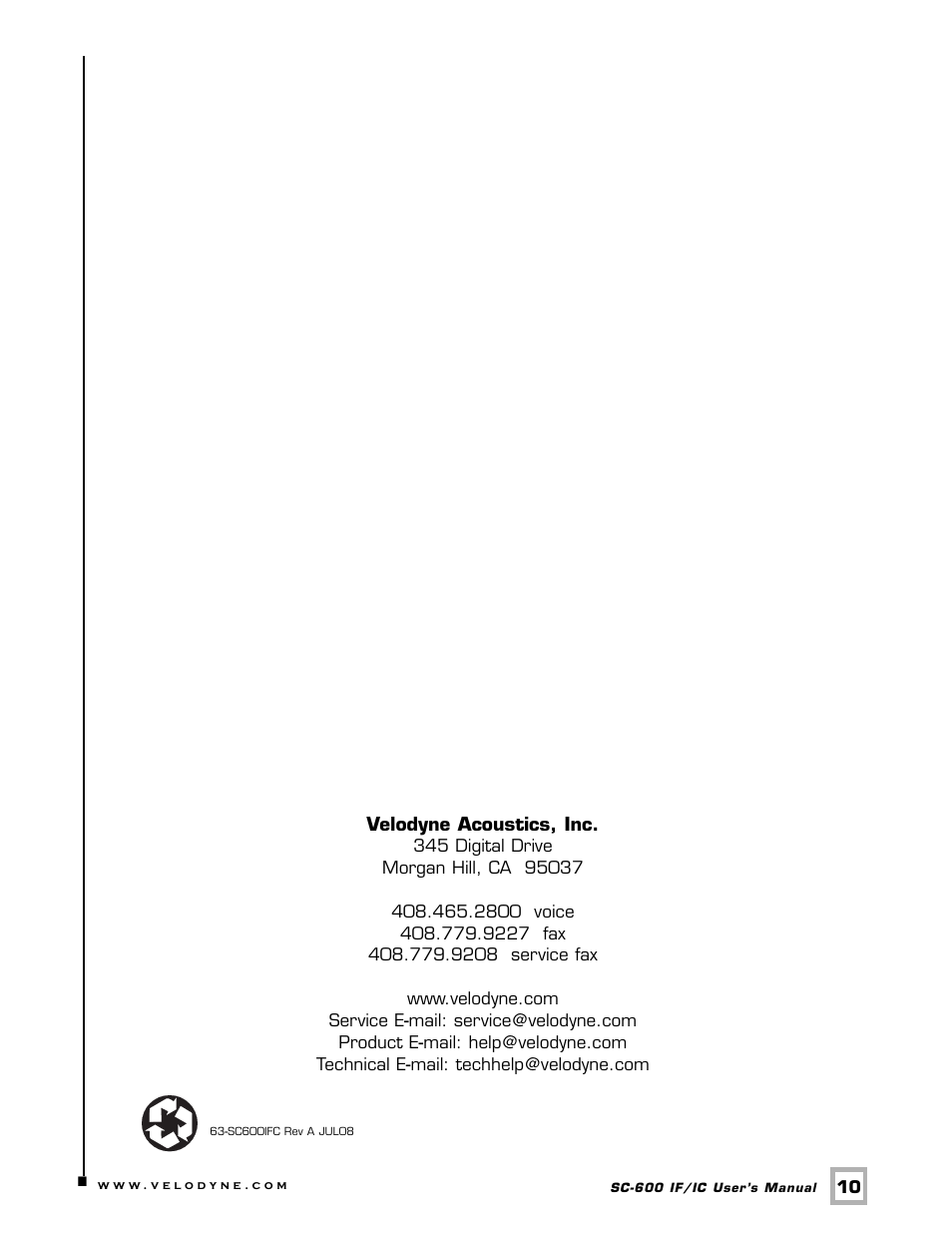 Velodyne Acoustics SUBCONTRACTOR SC-600 IF/IC User Manual | Page 13 / 13