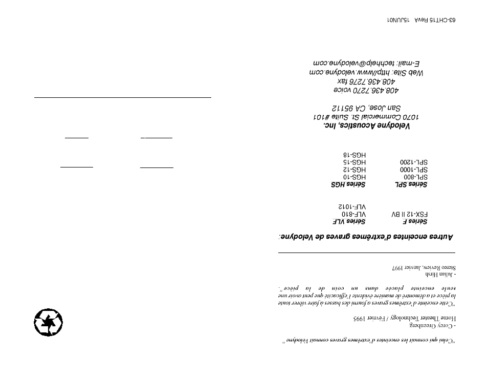 Velodyne Acoustics CHT-15 User Manual | Page 12 / 12