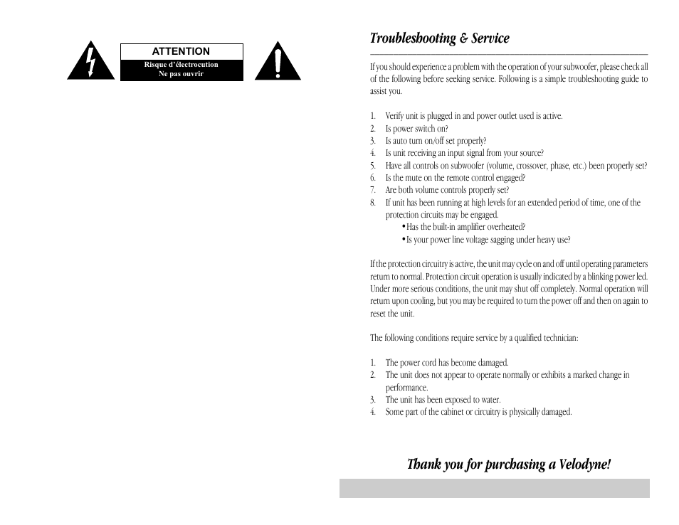 Importantes consignes de securite, Troubleshooting & service | Velodyne Acoustics HGS-15 THX User Manual | Page 4 / 10