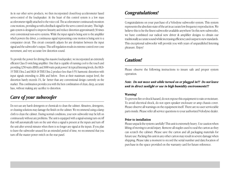 Caution, Care of your subwoofer | Velodyne Acoustics HGS-15 THX User Manual | Page 5 / 10