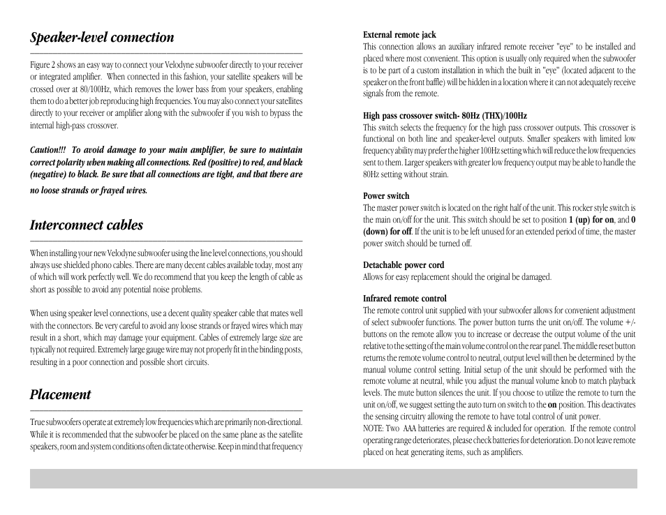 Speaker-level connection, Interconnect cables, Placement | Velodyne Acoustics HGS-15 THX User Manual | Page 9 / 10