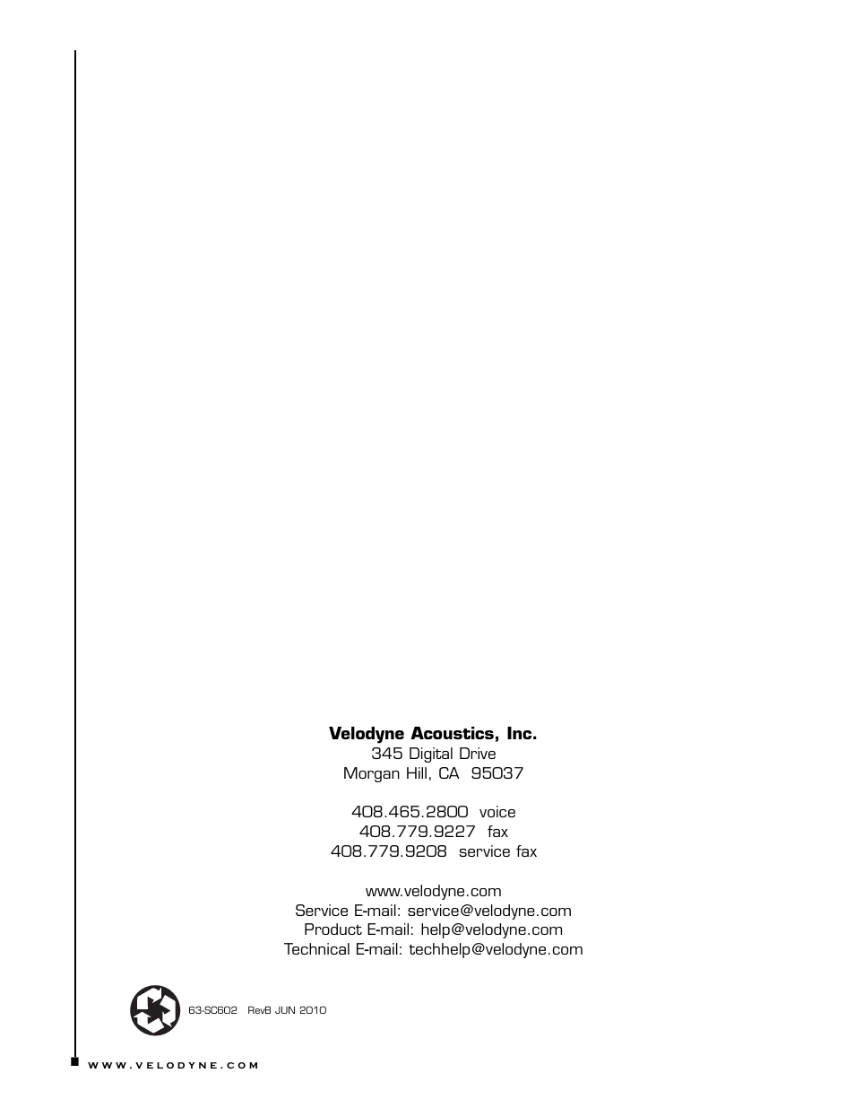 Velodyne Acoustics VELODYNE SUBCONTRACTOR (SC) SERIES SC-602 User Manual | Page 24 / 24