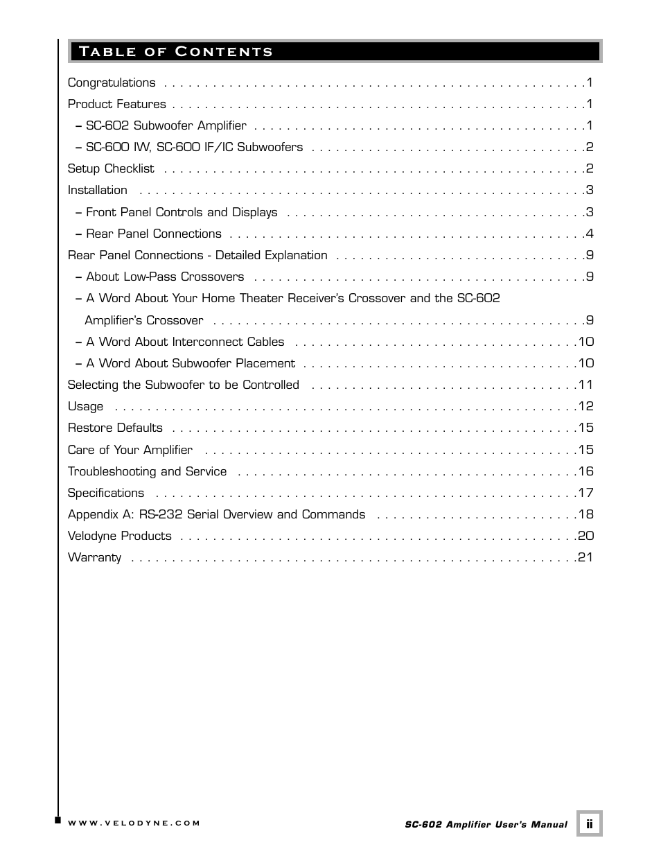 Velodyne Acoustics VELODYNE SUBCONTRACTOR (SC) SERIES SC-602 User Manual | Page 3 / 24