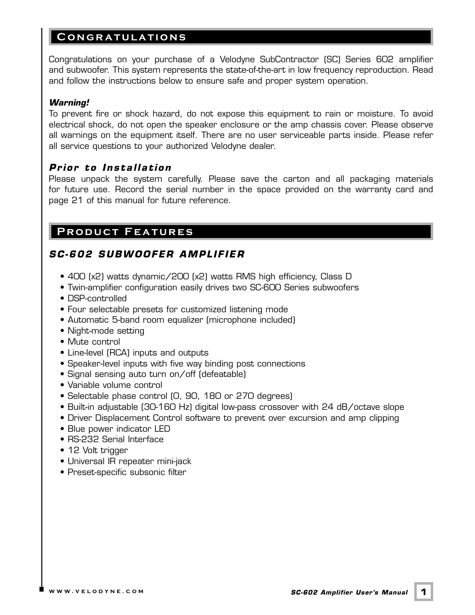 Velodyne Acoustics VELODYNE SUBCONTRACTOR (SC) SERIES SC-602 User Manual | Page 4 / 24