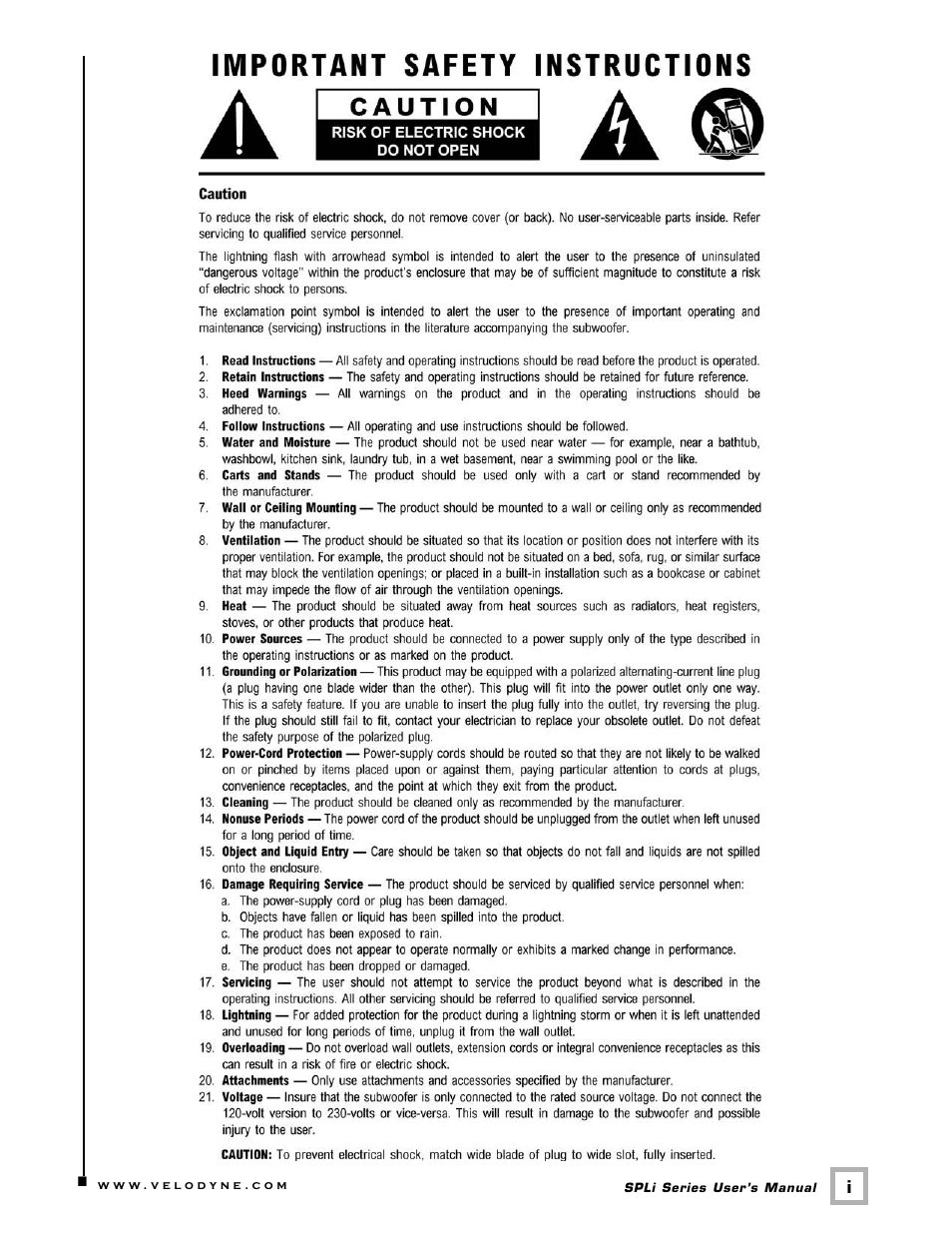 Velodyne Acoustics SPLI SERIES SPL-1000I User Manual | Page 2 / 16