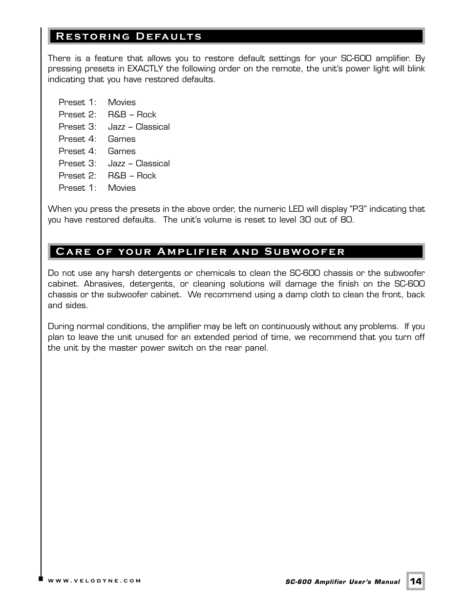 Velodyne Acoustics SC-600 User Manual | Page 17 / 24