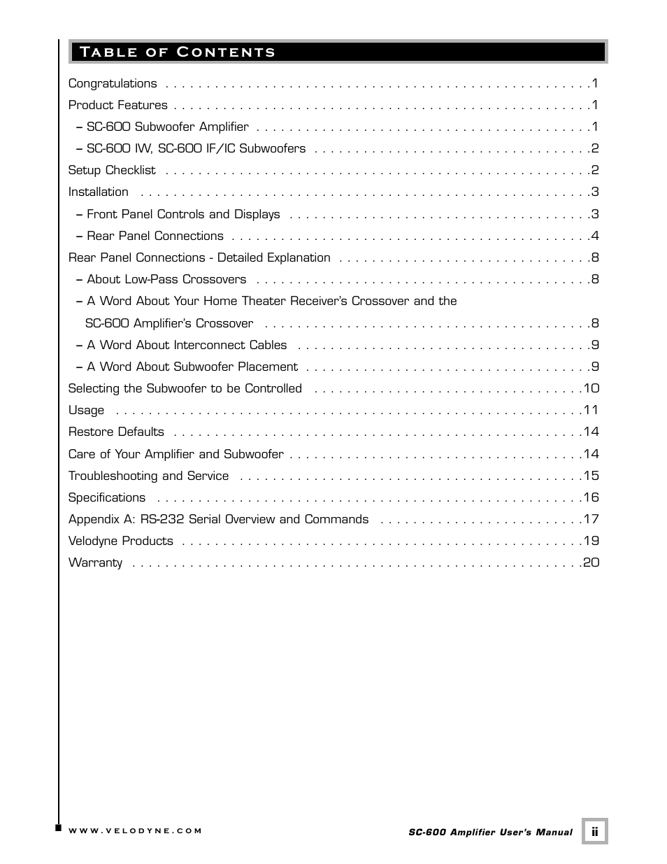 Velodyne Acoustics SC-600 User Manual | Page 3 / 24