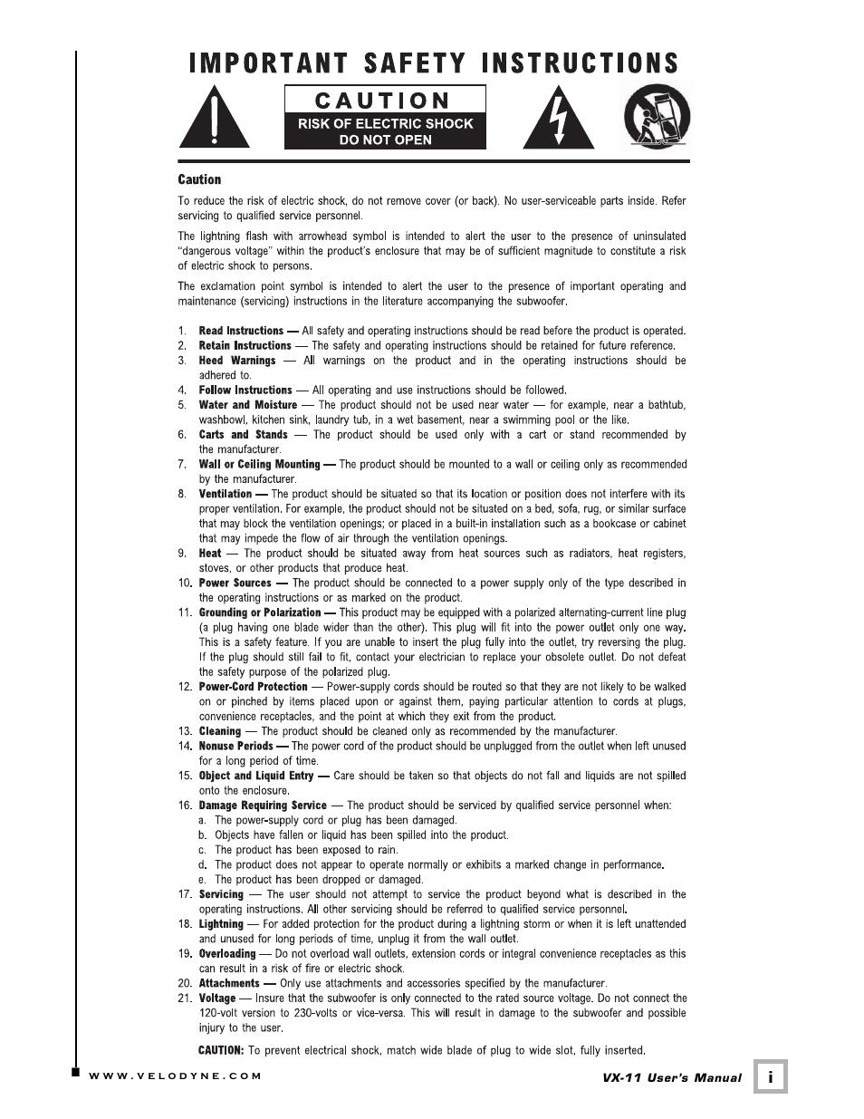 Velodyne Acoustics VX-11 User Manual | Page 2 / 16