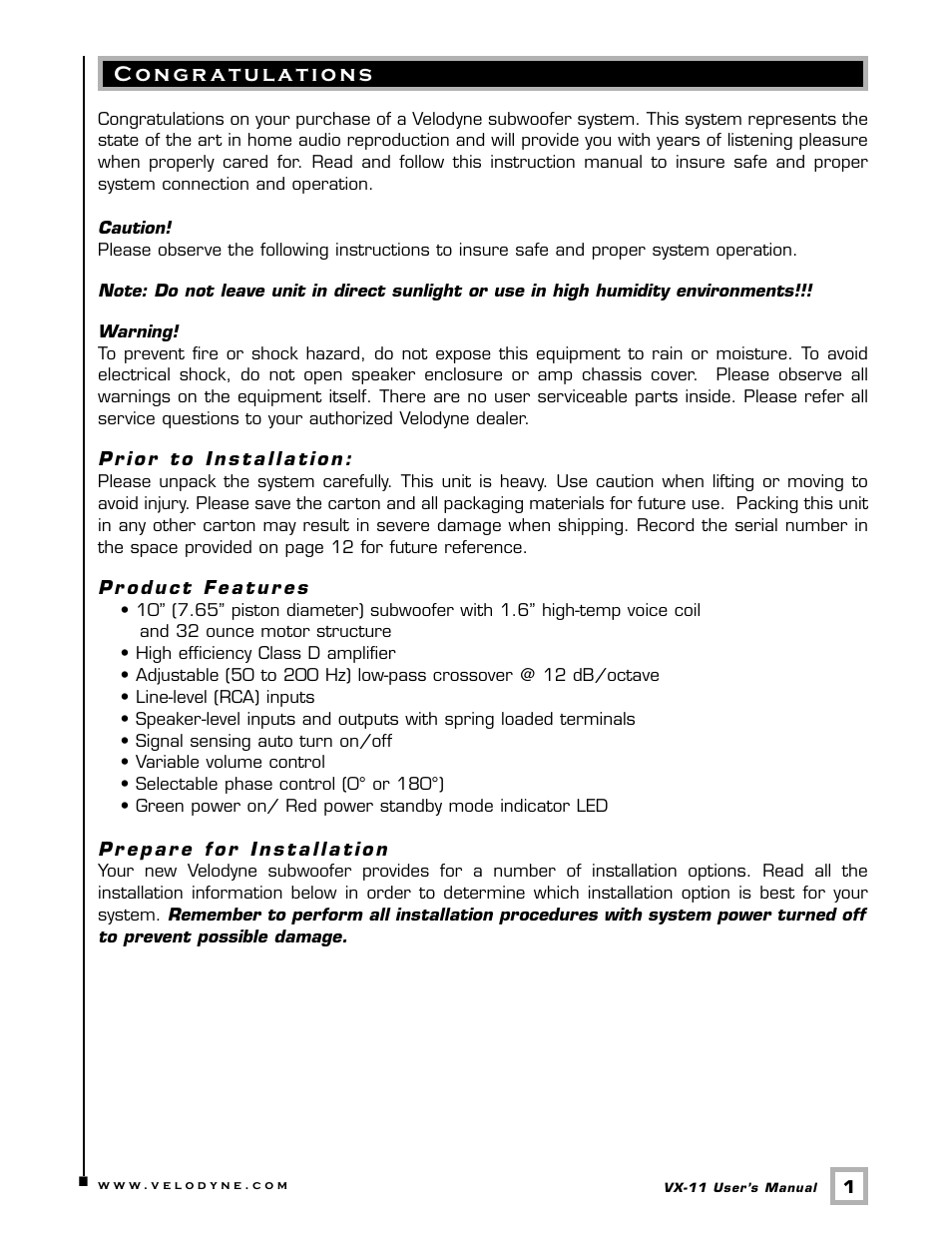 Velodyne Acoustics VX-11 User Manual | Page 4 / 16