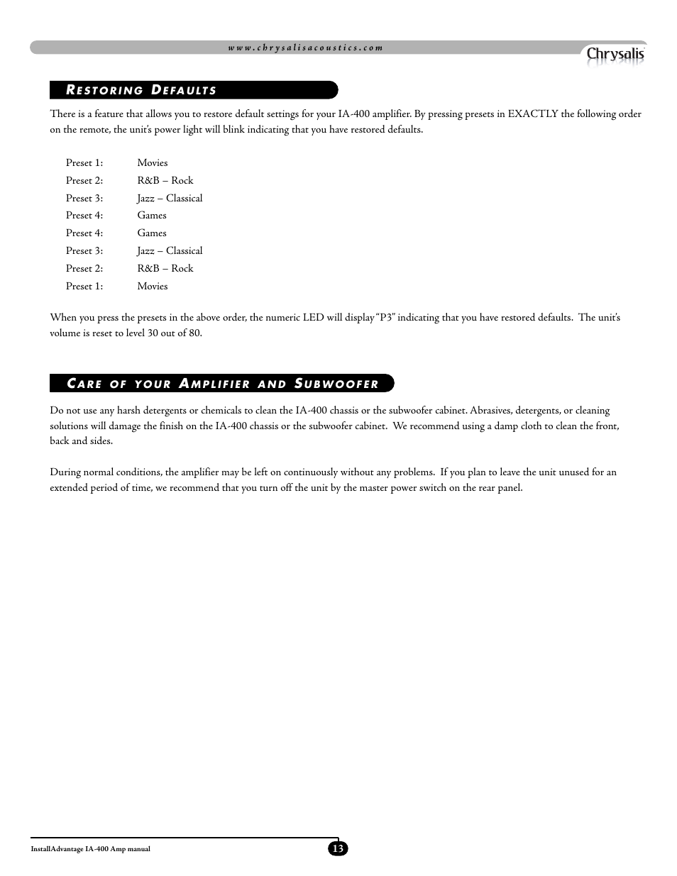 Velodyne Acoustics ADWANTAGE IA-400 User Manual | Page 16 / 23