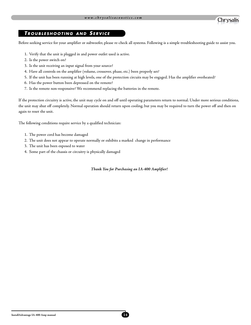 Velodyne Acoustics ADWANTAGE IA-400 User Manual | Page 17 / 23