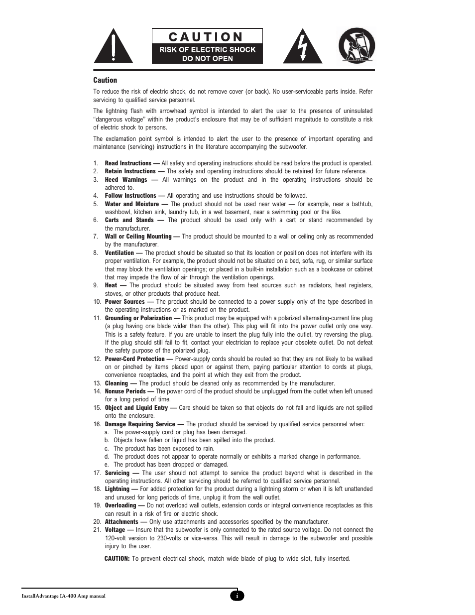 Important safety instructions | Velodyne Acoustics ADWANTAGE IA-400 User Manual | Page 2 / 23