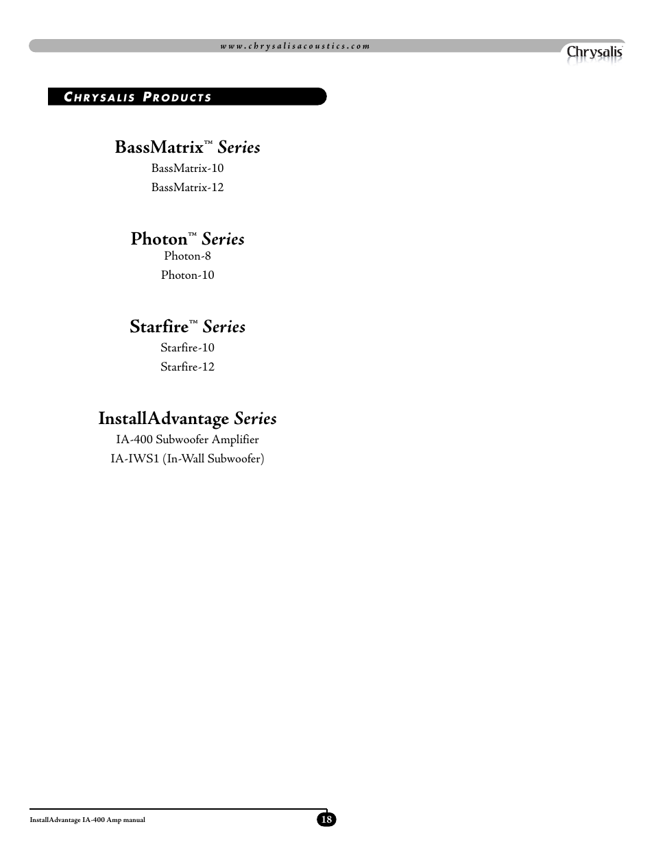 Bassmatrix ™ series, Photon ™ series, Starfire ™ series | Installadvantage series | Velodyne Acoustics ADWANTAGE IA-400 User Manual | Page 21 / 23