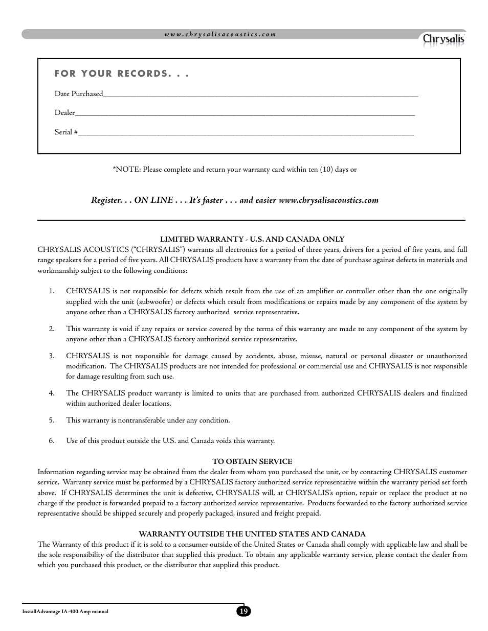 Velodyne Acoustics ADWANTAGE IA-400 User Manual | Page 22 / 23