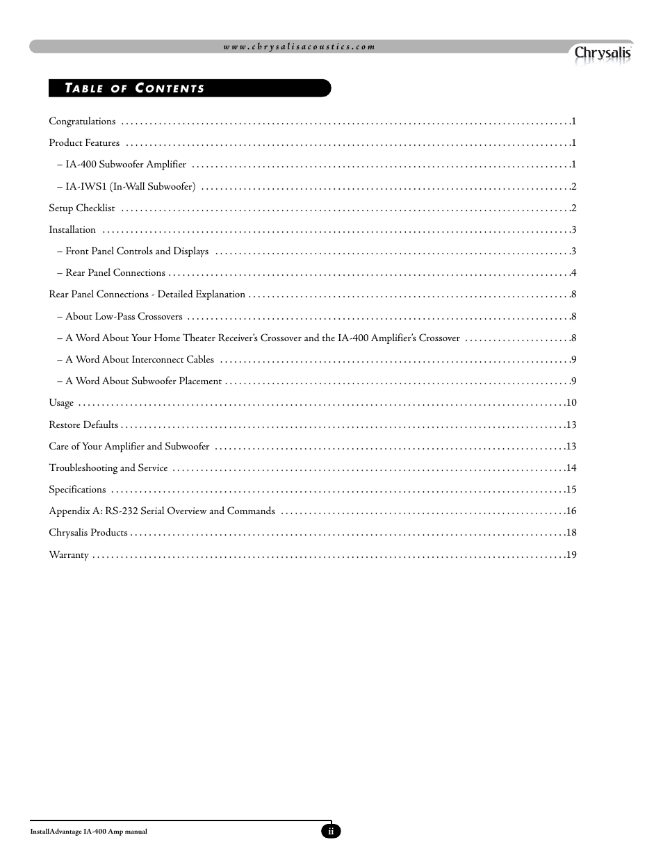 Velodyne Acoustics ADWANTAGE IA-400 User Manual | Page 3 / 23