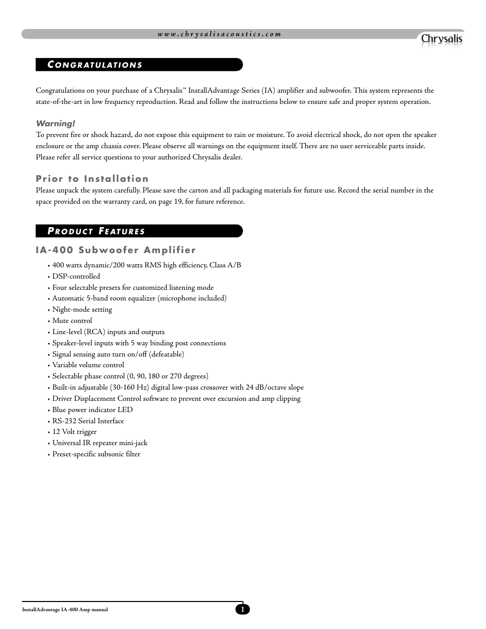 Velodyne Acoustics ADWANTAGE IA-400 User Manual | Page 4 / 23